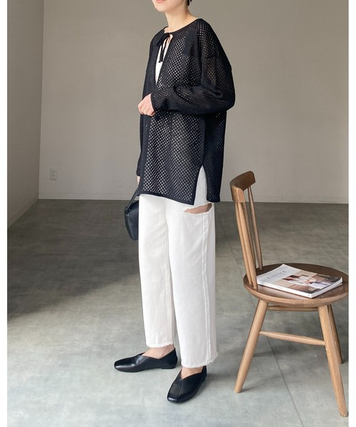 She's Closet（シーズクローゼット）の「サイドカットスリット裾フリンジハイウエストワイドストレートスラッシュデニムパンツ（デニムパンツ・レディース・サックスブルー/ブラック/オフホワイト/ブルー・FREE）」の5枚目の写真