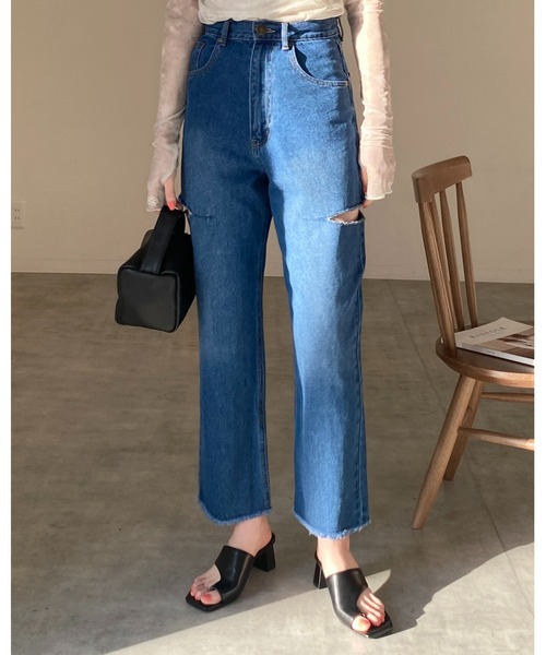 She's Closet（シーズクローゼット）の「サイドカットスリット裾フリンジハイウエストワイドストレートスラッシュデニムパンツ（デニムパンツ・レディース・サックスブルー/ブラック/オフホワイト/ブルー・FREE）」の16枚目の写真