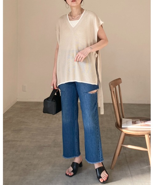 She's Closet（シーズクローゼット）の「サイドカットスリット裾フリンジハイウエストワイドストレートスラッシュデニムパンツ（デニムパンツ・レディース・サックスブルー/ブラック/オフホワイト/ブルー・FREE）」の6枚目の写真