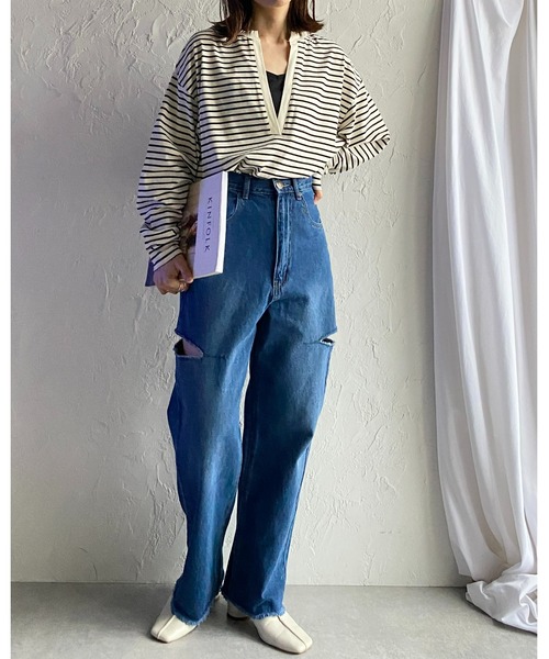 She's Closet（シーズクローゼット）の「サイドカットスリット裾フリンジハイウエストワイドストレートスラッシュデニムパンツ（デニムパンツ・レディース・サックスブルー/ブラック/オフホワイト/ブルー・FREE）」の17枚目の写真