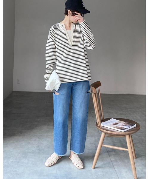She's Closet（シーズクローゼット）の「サイドカットスリット裾フリンジハイウエストワイドストレートスラッシュデニムパンツ（デニムパンツ・レディース・サックスブルー/ブラック/オフホワイト/ブルー・FREE）」の7枚目の写真