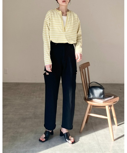 She's Closet（シーズクローゼット）の「サイドカットスリット裾フリンジハイウエストワイドストレートスラッシュデニムパンツ（デニムパンツ・レディース・サックスブルー/ブラック/オフホワイト/ブルー・FREE）」の8枚目の写真