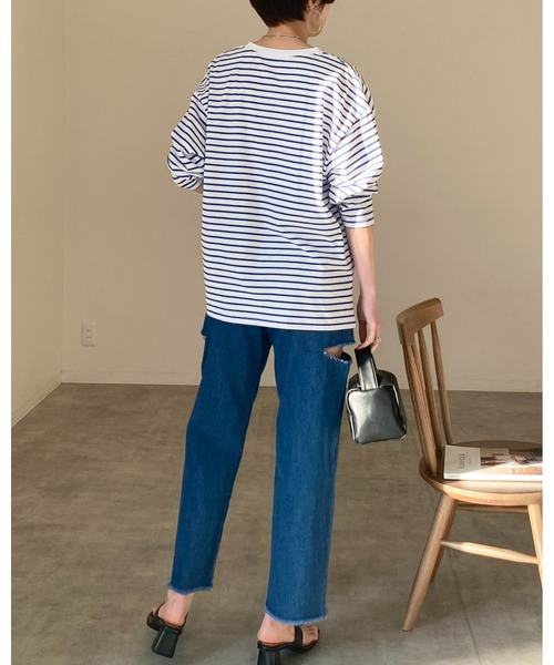 She's Closet（シーズクローゼット）の「サイドカットスリット裾フリンジハイウエストワイドストレートスラッシュデニムパンツ（デニムパンツ・レディース・サックスブルー/ブラック/オフホワイト/ブルー・FREE）」の19枚目の写真