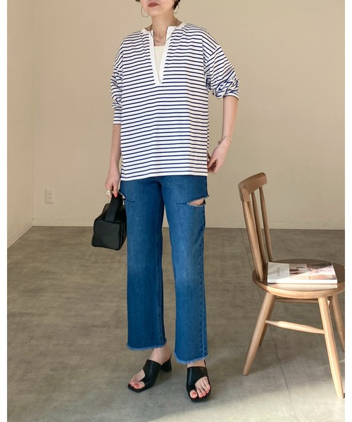 She's Closet（シーズクローゼット）の「サイドカットスリット裾フリンジハイウエストワイドストレートスラッシュデニムパンツ（デニムパンツ・レディース・サックスブルー/ブラック/オフホワイト/ブルー・FREE）」の10枚目の写真