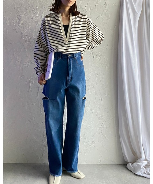 She's Closet（シーズクローゼット）の「サイドカットスリット裾フリンジハイウエストワイドストレートスラッシュデニムパンツ（デニムパンツ・レディース・サックスブルー/ブラック/オフホワイト/ブルー・FREE）」の21枚目の写真