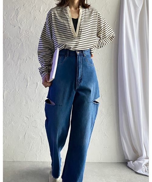 She's Closet（シーズクローゼット）の「サイドカットスリット裾フリンジハイウエストワイドストレートスラッシュデニムパンツ（デニムパンツ・レディース・サックスブルー/ブラック/オフホワイト/ブルー・FREE）」の11枚目の写真