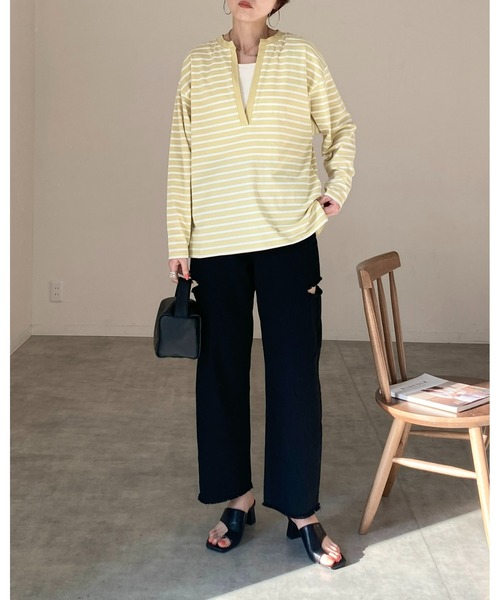 She's Closet（シーズクローゼット）の「サイドカットスリット裾フリンジハイウエストワイドストレートスラッシュデニムパンツ（デニムパンツ・レディース・サックスブルー/ブラック/オフホワイト/ブルー・FREE）」の13枚目の写真