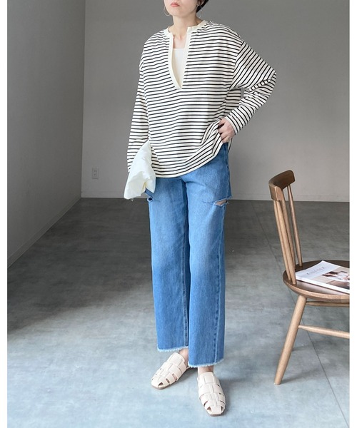 She's Closet（シーズクローゼット）の「サイドカットスリット裾フリンジハイウエストワイドストレートスラッシュデニムパンツ（デニムパンツ・レディース・サックスブルー/ブラック/オフホワイト/ブルー・FREE）」の14枚目の写真