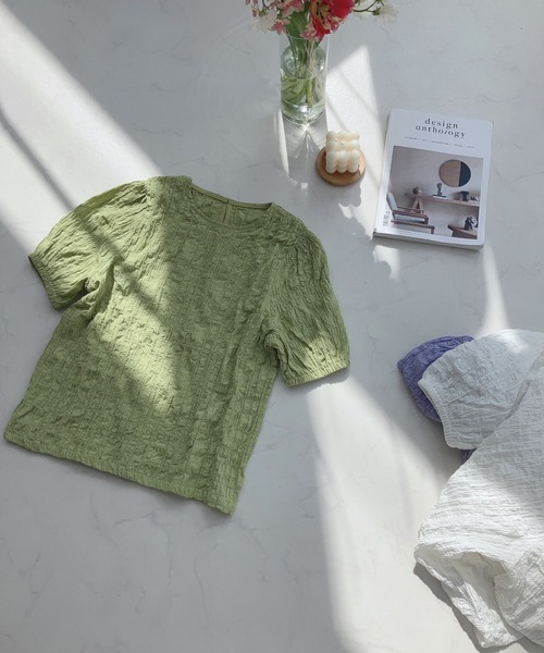 AS KNOW AS plus（アズノゥアズプラス）の「〇ボリュームスリーブ ぽこぽこ半袖プルオーバー（Tシャツ/カットソー・レディース・グリーン/オフホワイト/ブラック/パープル・FREE）」の12枚目の写真