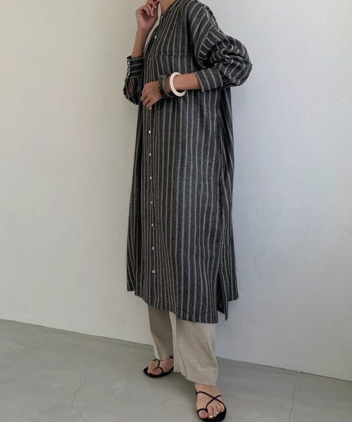 ウィルフリー　ロング丈　シャツワンピース　半袖　ストライプ　おしゃれ WILLFULLY（ウィルフリー）の「stand collar linen stripe shirt