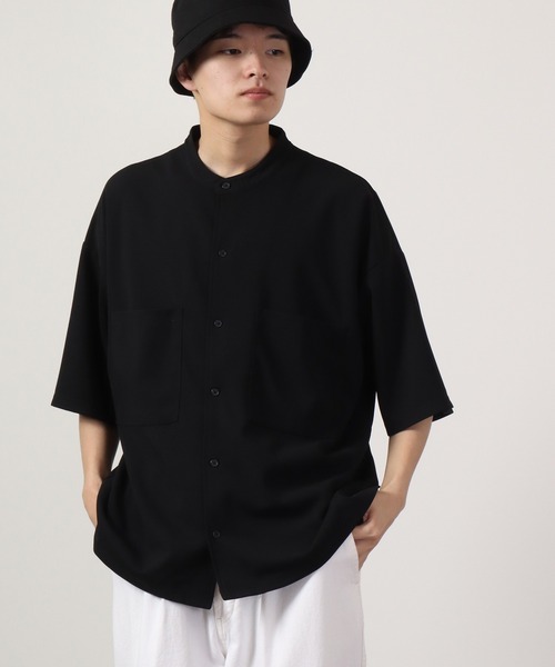 Bling Leads(ブリングリーズ)の「梨地BIG5分袖バンドカラーシャツ(シャツ/ブラウス・メンズ・ブルー系その他/ホワイト/ブラック/グレイッシュベージュ/グレー系その他/ブルー/ブラック系その他・M/L)」の20枚目の写真