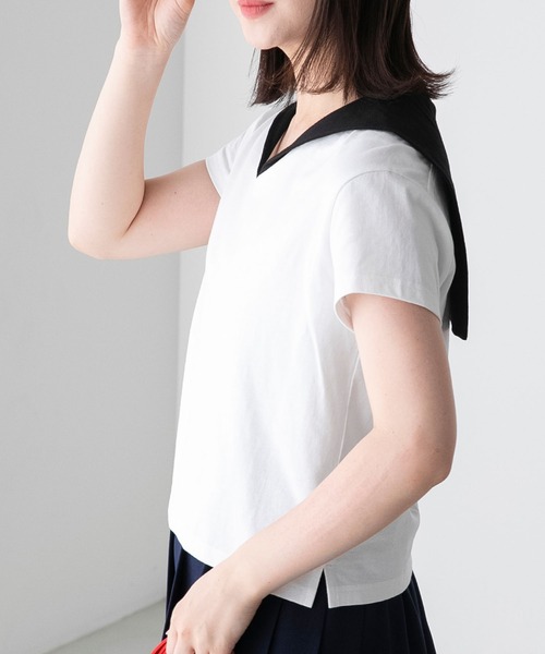 BONLECILL（ボンルシール）の「配色セーラーカラー半袖Tシャツ（Tシャツ/カットソー・レディース・ブラック/オフホワイト/ネイビー・FREE）」の2枚目の写真