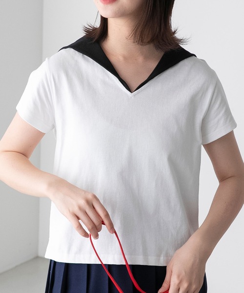BONLECILL（ボンルシール）の「配色セーラーカラー半袖Tシャツ（Tシャツ/カットソー・レディース・ブラック/オフホワイト/ネイビー・FREE）」の4枚目の写真