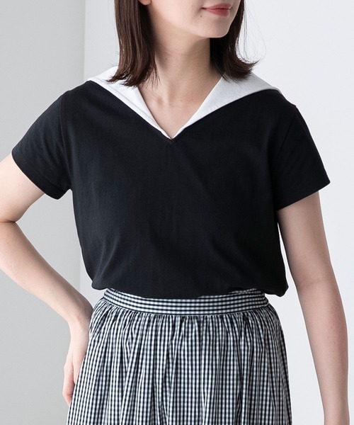 BONLECILL（ボンルシール）の「配色セーラーカラー半袖Tシャツ（Tシャツ/カットソー・レディース・ブラック/オフホワイト/ネイビー・FREE）」の5枚目の写真