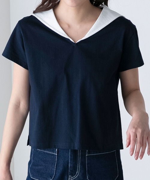 BONLECILL（ボンルシール）の「配色セーラーカラー半袖Tシャツ（Tシャツ/カットソー・レディース・ブラック/オフホワイト/ネイビー・FREE）」の20枚目の写真