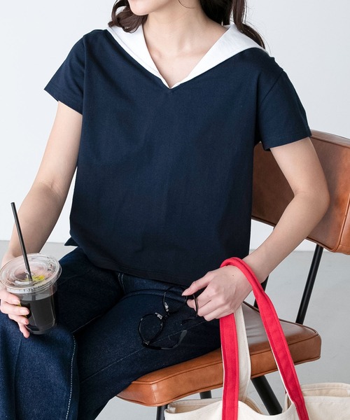 BONLECILL（ボンルシール）の「配色セーラーカラー半袖Tシャツ（Tシャツ/カットソー・レディース・ブラック/オフホワイト/ネイビー・FREE）」の7枚目の写真