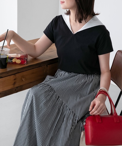 BONLECILL（ボンルシール）の「配色セーラーカラー半袖Tシャツ（Tシャツ/カットソー・レディース・ブラック/オフホワイト/ネイビー・FREE）」の6枚目の写真