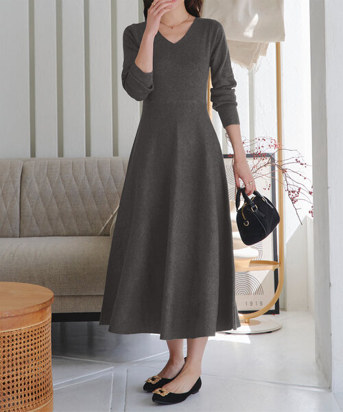 セール】[ 選べるネック＆袖丈 ] フィット&フレアニットワンピース