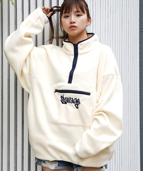 1111clothing（ワンフォークロージング）の「フリース ワンポイント刺繍 ハーフジップ / Fleece One Point Embroidery Half Zip（その他アウター・メンズ・アイボリー/ブラック・M/L）」の2枚目の写真