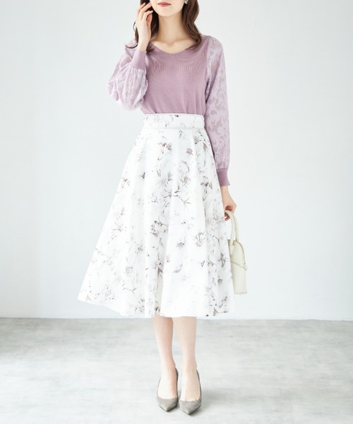tocco closet(トッコ クローゼット)の「ウエスト配色ライン入りフラワープリントフレアスカート(スカート・レディース・モカ/アイボリー・M)」の20枚目の写真