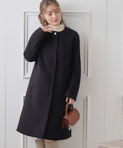 couture brooch（クチュールブローチ）の「◆ビジュー釦ロングコート（ノーカラーコート・レディース・ブラック/ピンク/ライトベージュ・42/38/40）」の22枚目の写真