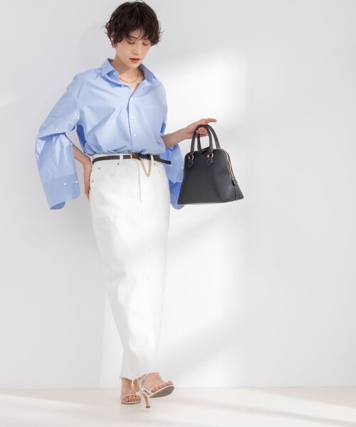 Rie Miller(リエミラー)の「スリットロングデニムスカート(デニムスカート・レディース・ブルー系その他7/オフホワイト・L/S/M)」の6枚目の写真