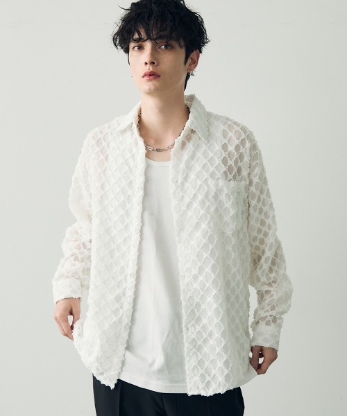 Shoowtime（ショウタイム）の「ダイヤモンドブロックパターンルーズシアーシャツ（シャツ/ブラウス・メンズ・ホワイト/ブラック・MEDIUM/LARGE）」の13枚目の写真