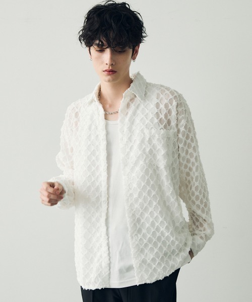 Shoowtime（ショウタイム）の「ダイヤモンドブロックパターンルーズシアーシャツ（シャツ/ブラウス・メンズ・ホワイト/ブラック・MEDIUM/LARGE）」の14枚目の写真