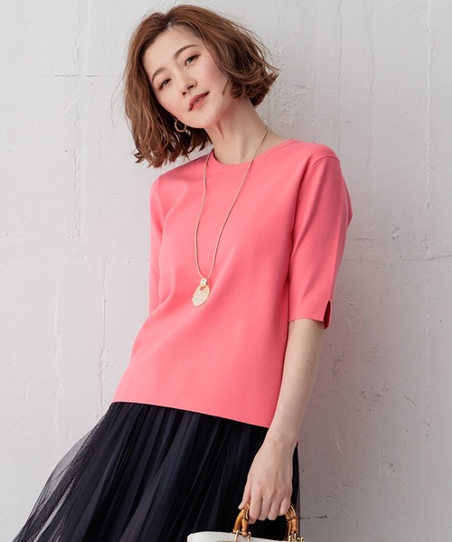 23区 S(ニジュウサンクチイサイサイズ)の「【洗える】コンフォートストレッチ 5分袖 ニット(ニット/セーター・レディース・ベージュ系/オレンジ系/ブルー系/スモーキーグリーン系/ネイビー系・32)」の1枚目の写真