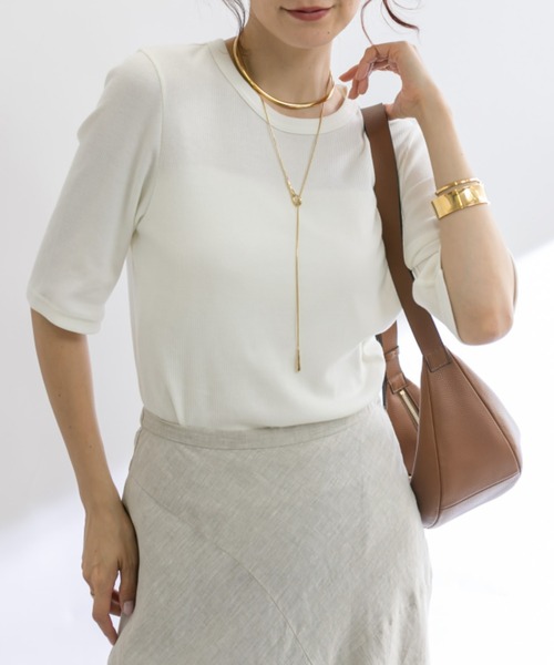 RIVE DROITE(リヴドロワ)の「テレコ5分袖Tシャツ(Tシャツ/カットソー・レディース・オフホワイト/ライトグレー/ブラック・FREE)」の1枚目の写真