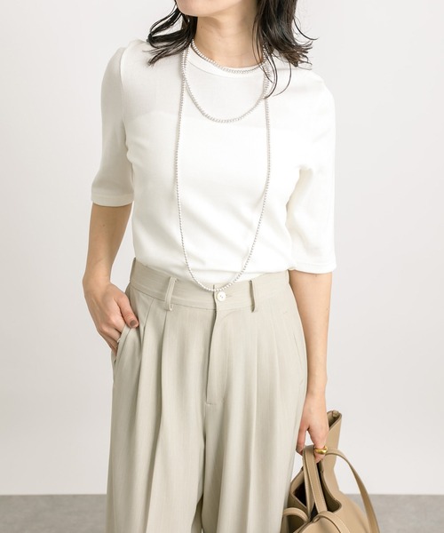 RIVE DROITE(リヴドロワ)の「テレコ5分袖Tシャツ(Tシャツ/カットソー・レディース・オフホワイト/ライトグレー/ブラック・FREE)」の8枚目の写真