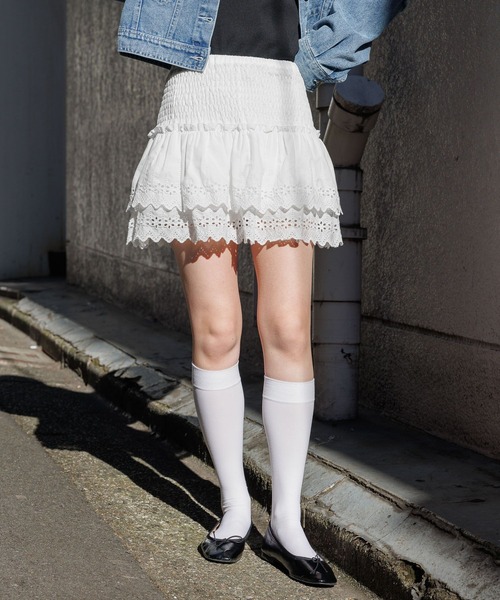 3.3 Field Trip （3.3フィールドトリップ）の「3.3 Field Trip／シャーリングレーススカート（裏地あり）（スカート・レディース・ブラック/ホワイト・FREE）」の5枚目の写真