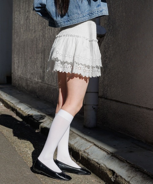 3.3 Field Trip （3.3フィールドトリップ）の「3.3 Field Trip／シャーリングレーススカート（裏地あり）（スカート・レディース・ブラック/ホワイト・FREE）」の6枚目の写真