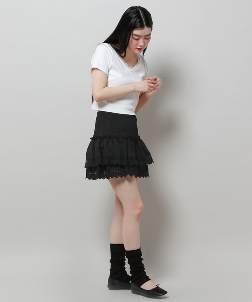 3.3 Field Trip （3.3フィールドトリップ）の「3.3 Field Trip／シャーリングレーススカート（裏地あり）（スカート・レディース・ブラック/ホワイト・FREE）」の9枚目の写真