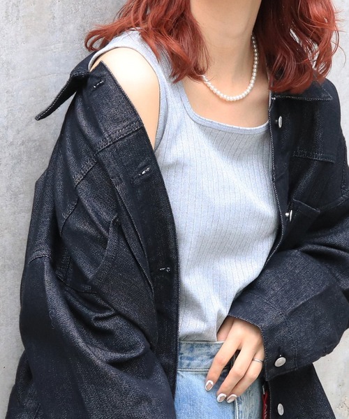 DOUBLE NAME（ダブルネーム）の「前後2WAYラメリブタンク（タンクトップ・レディース・ブラック/グレー/ホワイト/ベージュ・FREE）」の3枚目の写真