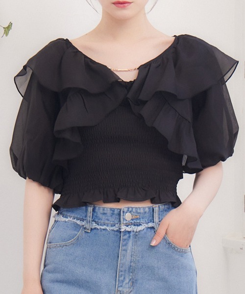 ems excite（エムズエキサイト）の「プレートフリルボレロSET（シャツ/ブラウス・レディース・ブラック/ナチュラル/ブルー・FREE）」の2枚目の写真