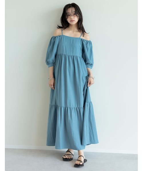 Re:EDIT（リエディ）の「[新色追加][低身長サイズ有]パフスリーブティアードワンピース（ワンピース・レディース・ベージュ/グリーン/ブラック/ブルー・LARGE/MEDIUM/SHORT）」の4枚目の写真