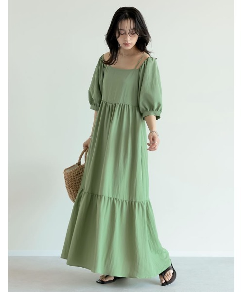 セール】[新色追加][低身長サイズ有]パフスリーブティアードワンピース