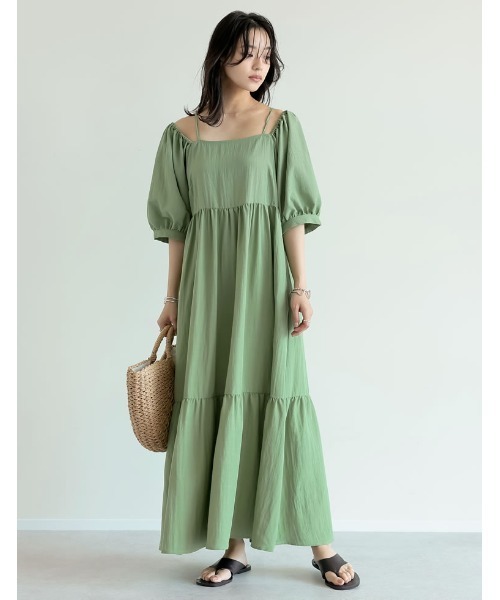 Re:EDIT（リエディ）の「[新色追加][低身長サイズ有]パフスリーブティアードワンピース（ワンピース・レディース・ベージュ/グリーン/ブラック/ブルー・LARGE/MEDIUM/SHORT）」の14枚目の写真