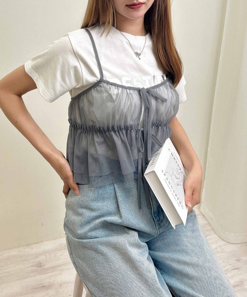 INGNI（イング）の「チュールキャミビスチェトップス（ベスト・レディース・オフホワイト/グレー/ブラック・M）」の21枚目の写真