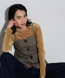 ニット×布帛 バルーン ベアトップ 伸縮性 ビスチェ チューブトップ レイヤード 32048E333 【MAISON BREEZE reveur】 ニット×布帛 バルーン ベアトップ 伸縮性 ビスチェ チューブ