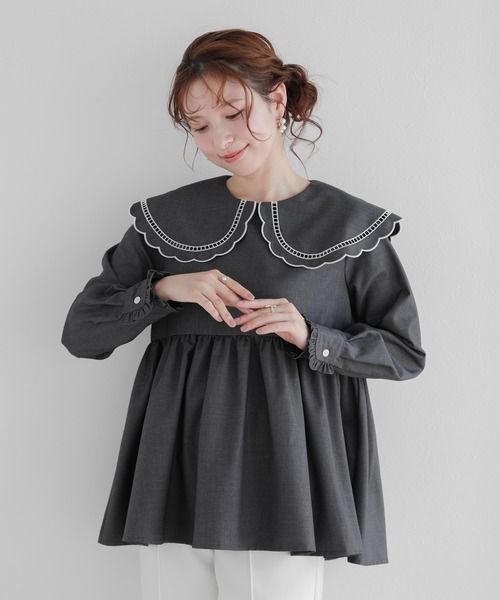 Fit more(フィットモア)の「はしごスカラップ襟フリルカフスブラウス(シャツ/ブラウス・レディース・ブラック/ベージュ/ホワイト/グレー・FREE)」の1枚目の写真