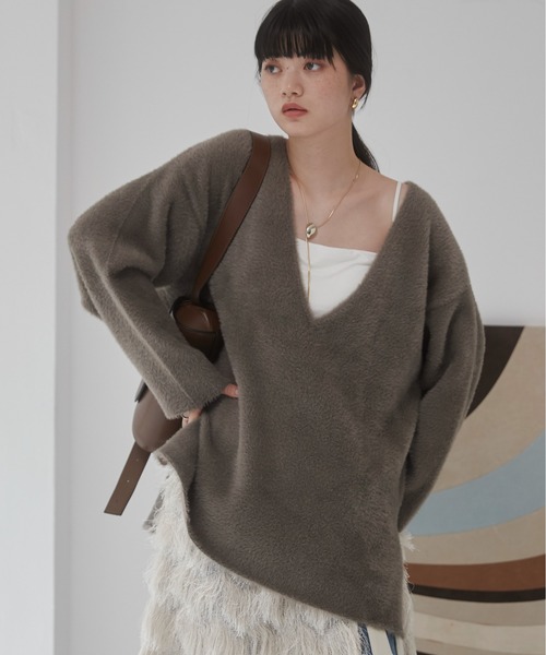セール】ダブルフェイスシャギー Vネック ニットプルオーバー（ニット