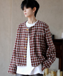 ノーカラージャケット（レッド/赤色系・チェック柄