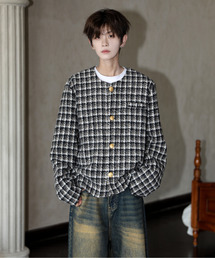 neos（ネオス）の「【neos】ルーズシルエット ツイード チェック ノーカラー ショート ジャケット（ノーカラージャケット）」