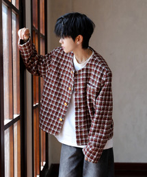 FVLMEN（フルメン）の「【neos】ルーズシルエット ツイード チェック ノーカラー ショート ジャケット（ノーカラージャケット）」