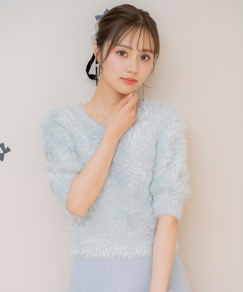 WILLSELECTION(ウィルセレクション)の「シャギーラメ5分袖プルオーバー(ニット/セーター・レディース・ベージュ/シルバー/オフホワイト/ピンク・FREE)」の1枚目の写真