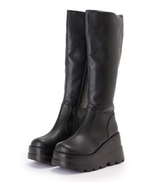 美品✨プラダ　ロングブーツ　オールレザー　ベルト　ロゴ刻印　黒　24cm Prada ロングブーツ | ブラック | FARFETCH JP