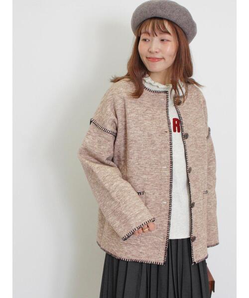 Samansa Mos2（サマンサ モスモス）の「【マシンウォッシャブル】ブランケットステッチニットジャケット（ノーカラージャケット・レディース・ブラック/ベージュ/キャメル・F）」の5枚目の写真