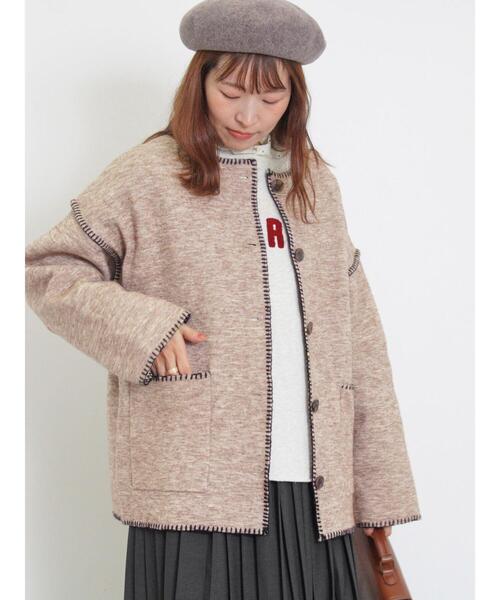 Samansa Mos2（サマンサ モスモス）の「【マシンウォッシャブル】ブランケットステッチニットジャケット（ノーカラージャケット・レディース・ブラック/ベージュ/キャメル・F）」の6枚目の写真